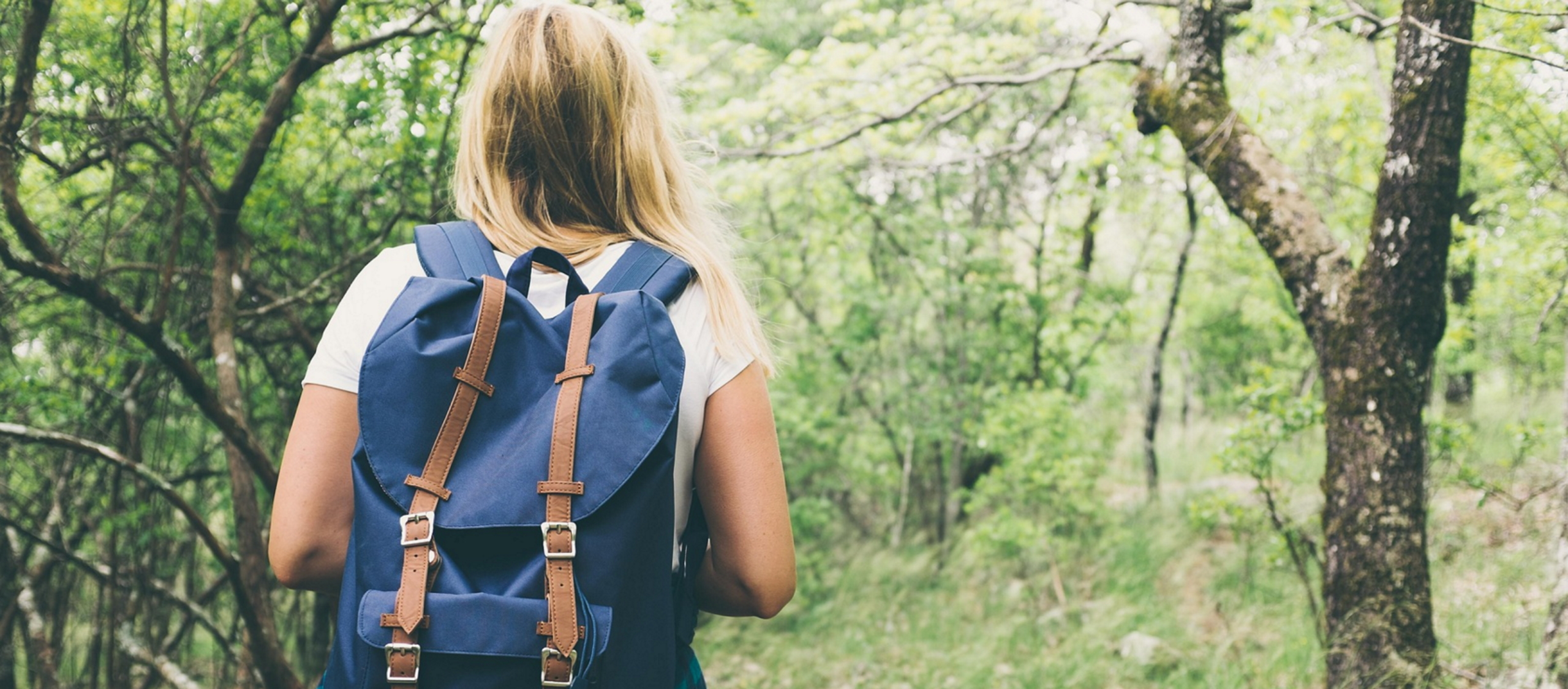 Eine Person läuft mit einem blauen Rucksack durch einen Wald