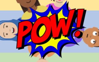 Der Comic Schriftzug "Pow" ploppt zwischen einer Runde gezeichneter Kinder auf