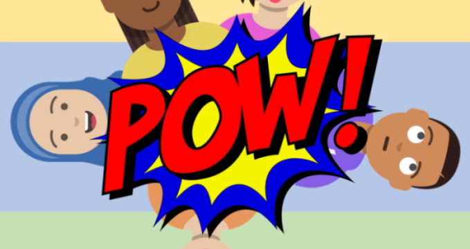 Der Comic Schriftzug "Pow" ploppt zwischen einer Runde gezeichneter Kinder auf