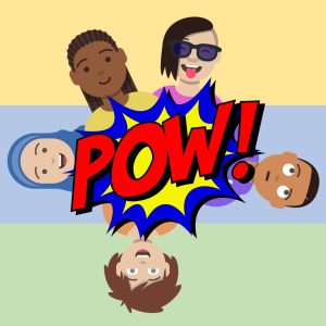 Der Comic Schriftzug "Pow" ploppt zwischen einer Runde gezeichneter Kinder auf