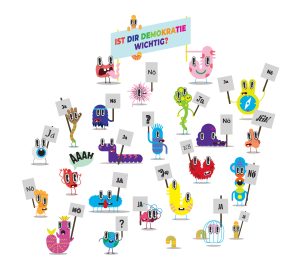 Viele kleine Monster halten Schilder mit "Ja" oder Nein" nach oben, auf die Frage "Ist dir Demokratie wichtig?"