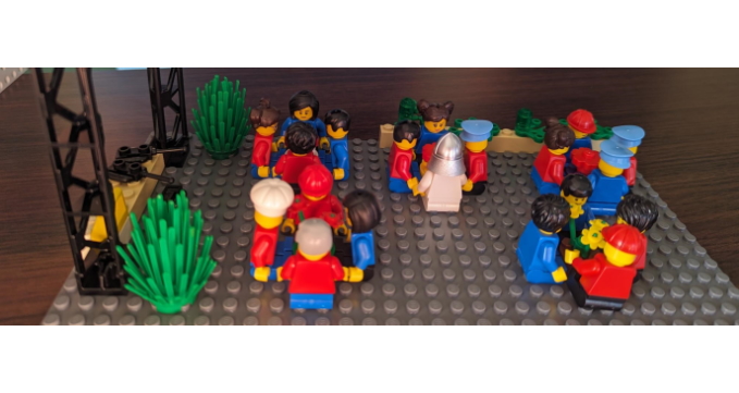 Legofiguren sitzen zusammen in Vierergruppen