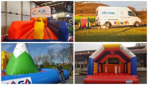 Zusammenschnitt aus Bungee-Run, Spielmobil, Kletterfelsen und Hüpfburg (Von links oben nach rechts unten)