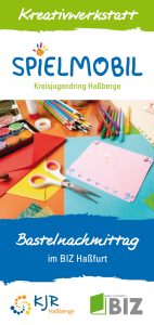 Titelseite des Kreativwerkstatt Flyers mit der Aufschrift "Bastelnachmittag im BIZ"