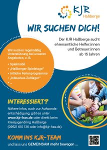 Werbeflyer des KJR Haßberge für ehrenamtliche Helfer:innnen ab 15 Jahren
