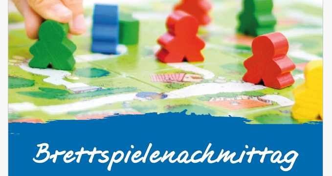 Deckblatt zum Brettspielenachmittag mit einem Spiel im Hintergrund
