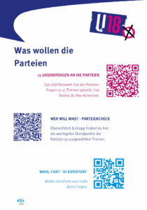 Flyer zur U18-Wahl mit QR-Codes zu den Themen "Fragen an die Parteien", "Parteiencheck" und "Wahl-Chat"