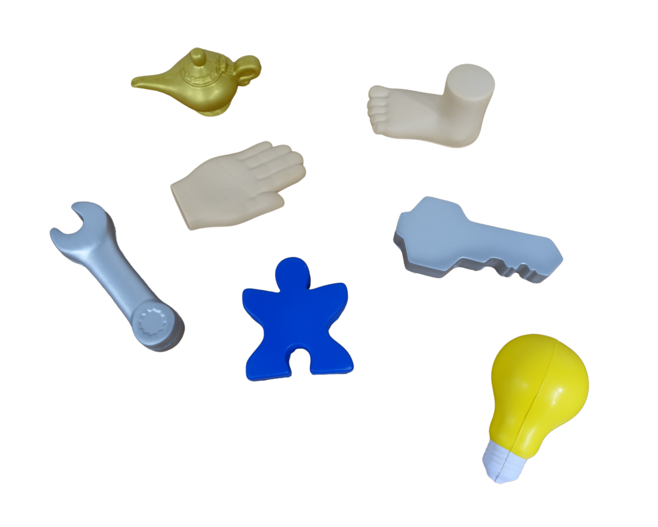 Moderationsbälle 1 mit Wunderlampe, Hand, Fuß, Werkzeug, Puzzleteil, Schlüssel und Glühbirne