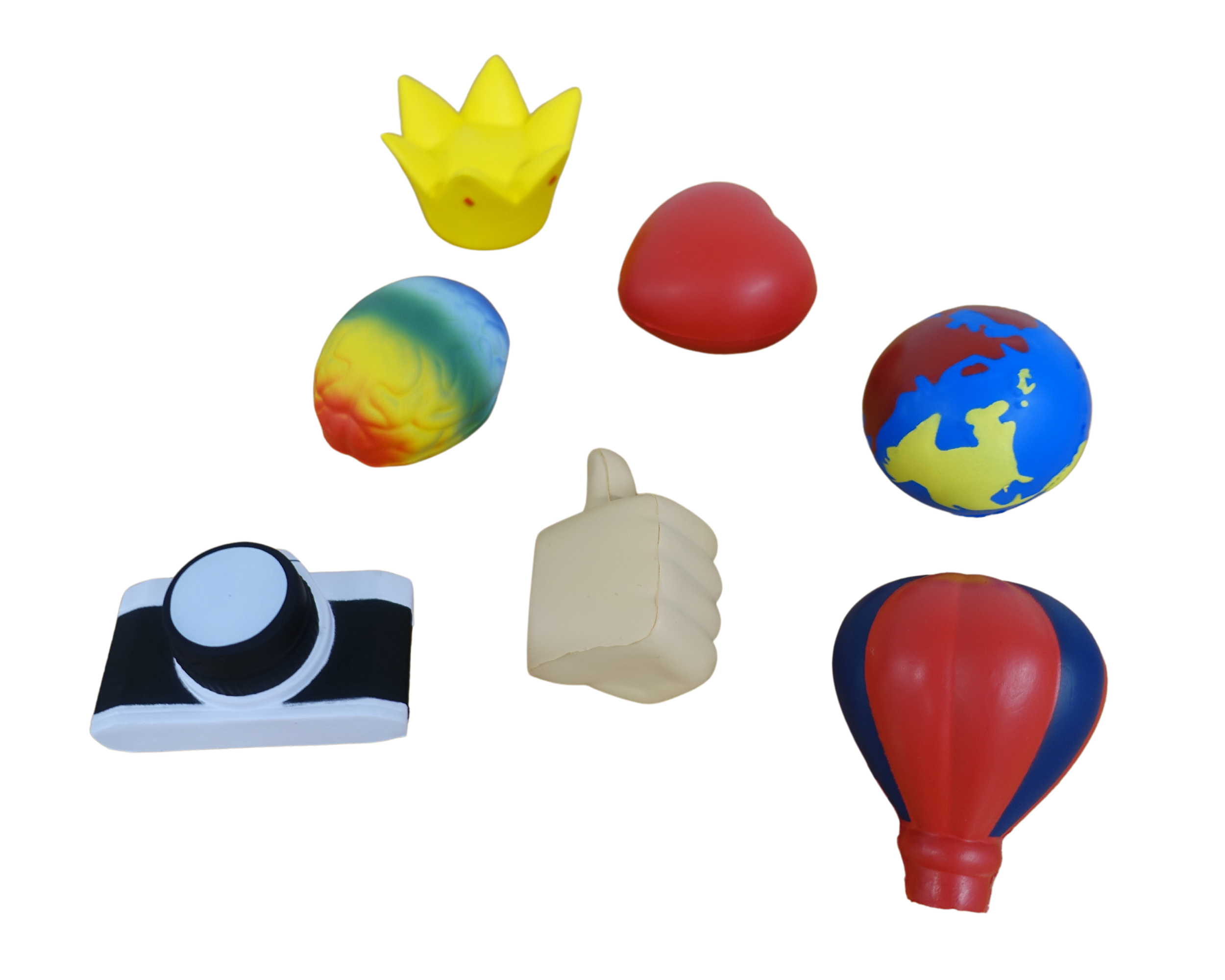 Moderationsbälle 2 mit Gehirn, Krone, Herz, Weltkugel, Daumen, Kamera und Heißluftballon
