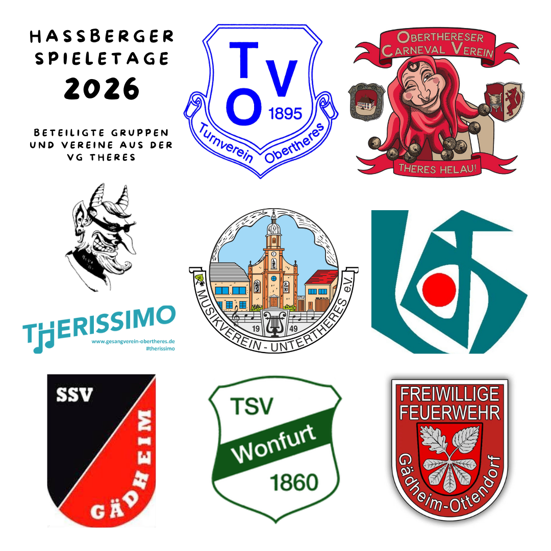 Logos der an den Haßberger Spieletagen 2026 in Obertheres beteiligten Vereine und Gruppen der VG Theres