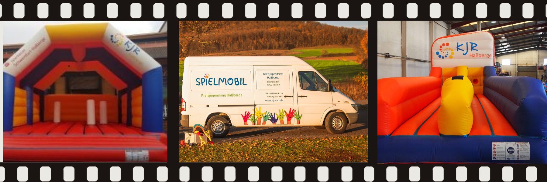 Filmstreifen mit jeweils einem Foto von der KJR-Hüpfburg, dem Spielmobil und dem BungeeRun.