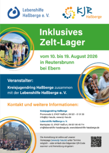 Werbeplakat des Kreisjugendring Haßberge gemeinsam mit der Lebenshilfe Haßberge für das "Inklusive Zeltlager" vom 10. bis zum 19.08.2026 in Reutersbrunn inklusive Kontaktdaten